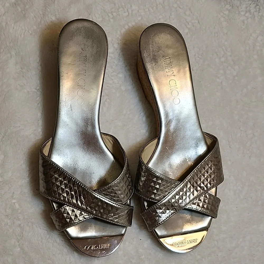 Jimmy Choo Silver Metallic Embossed Leather Panna Cork Slides Size 37.5